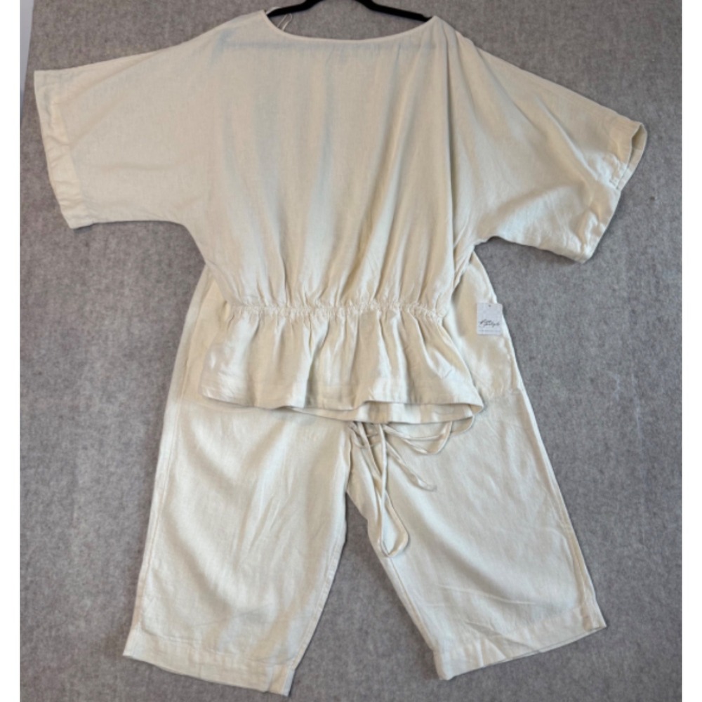 NWT Free People Two-Piece Set Womens L Cream Linen Blend Relaxed Boho